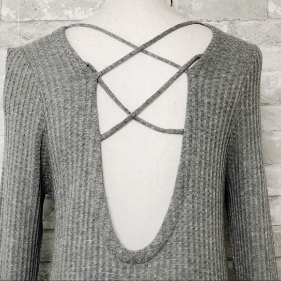 CHASER Gray Waffle Knit Longsleeve Tunic Top with Criss Cross Low Back Medium - Picture 11 of 15